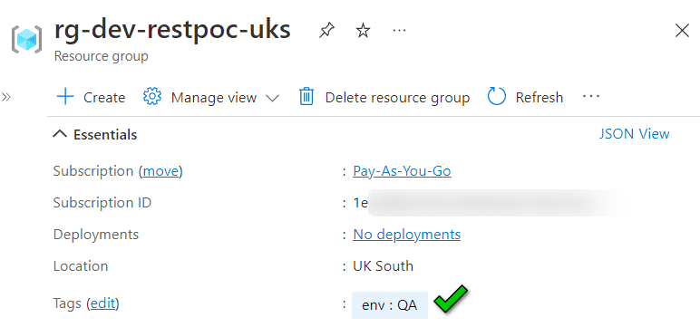 azure portal tag created